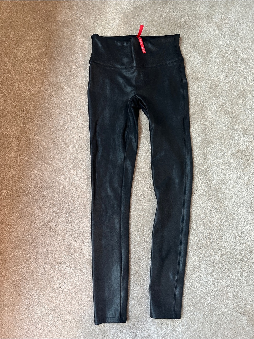 SPANX Black Faux Leather Leggings with Red Tag